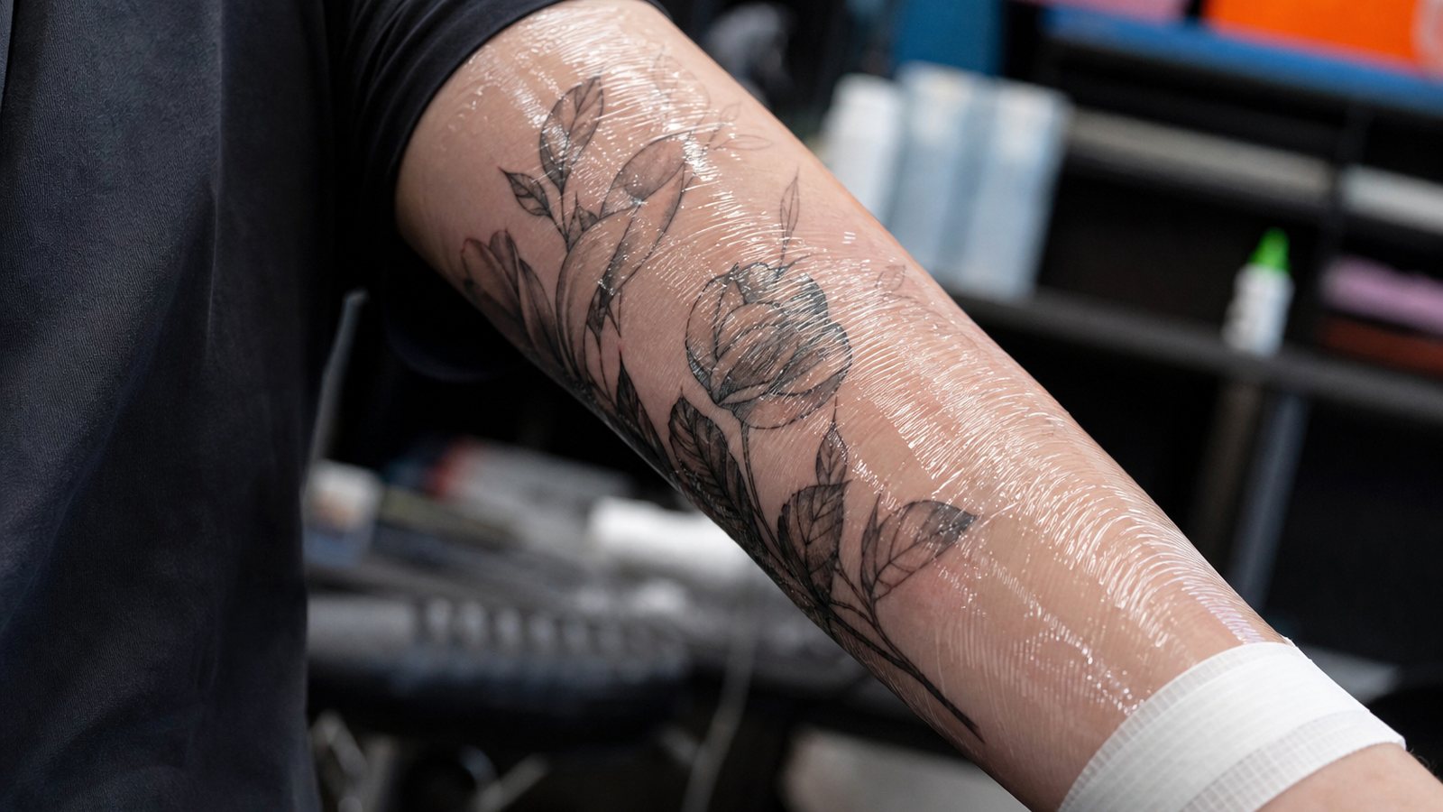Tatouage frais protégé sur un avant-bras pendant la cicatrisation