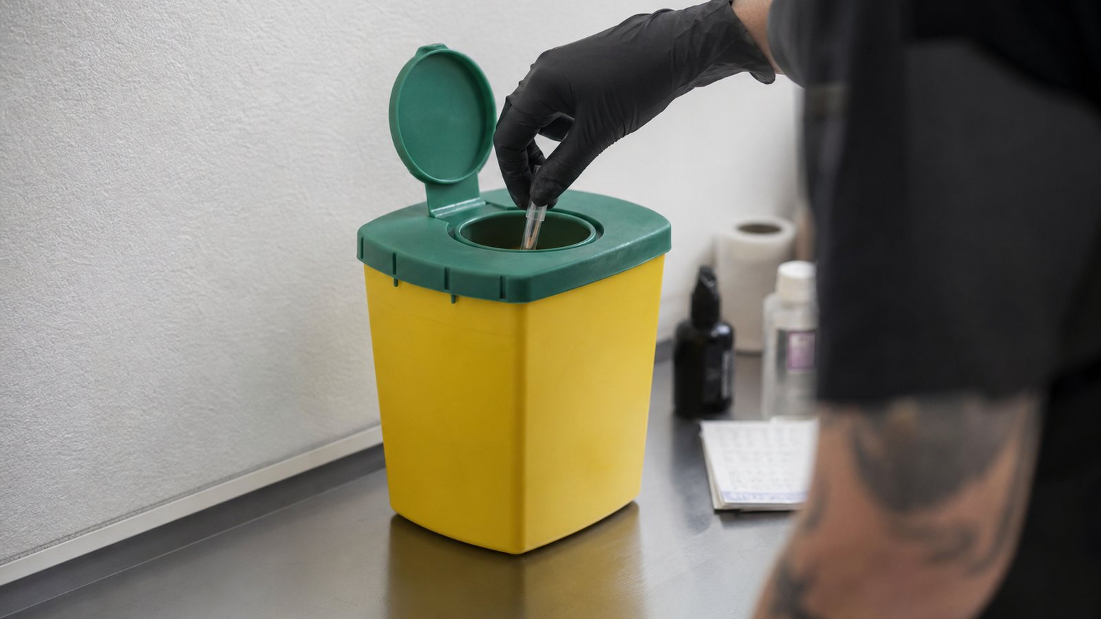 Collecteur d'objets piquants et sacs de déchets souillés dans un studio de tatouage