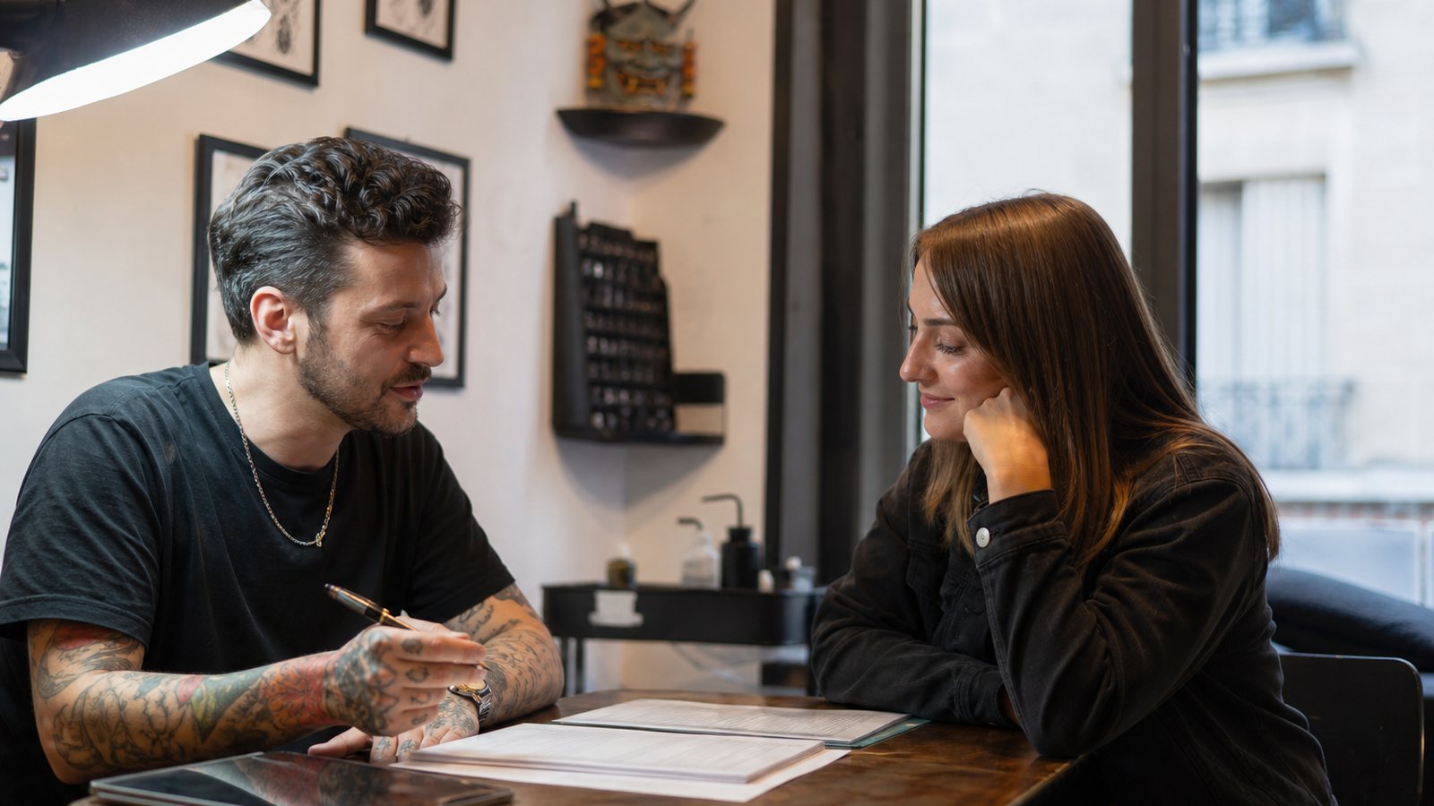 Client signant sa fiche de consentement sur tablette dans un studio de tatouage