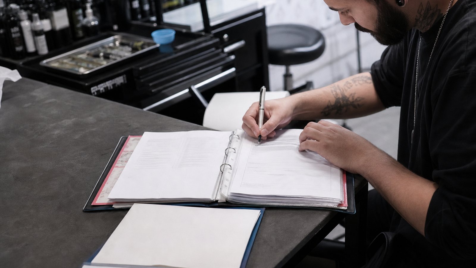 Poste de travail désinfecté et matériel protégé dans un studio de tatouage